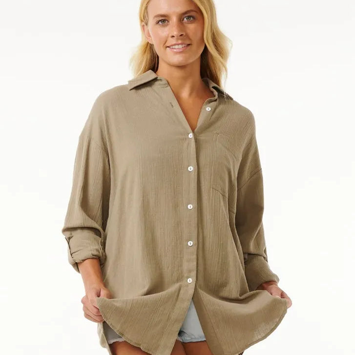 Rip Curl Womens Shirt Premium Linen Long Sleeve Button Through