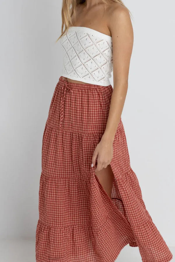 【EXPIRED GIRL】25ss FRILL CHECK MAXI SKIRT Check Ruffle Hem Maxi Skirt For Daily Casual