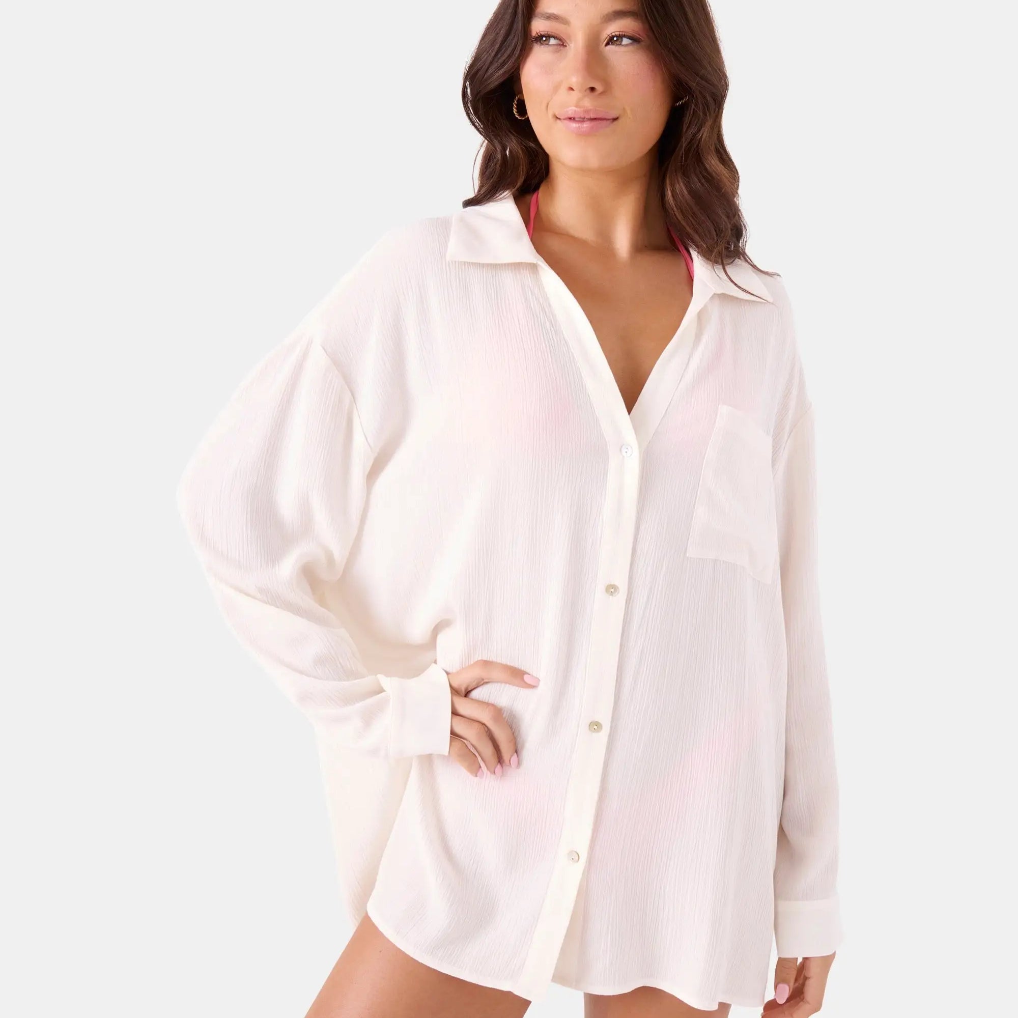 Roxy Womens Shirt Solid Crinkle Long Sleeve Cover Up Camp Shirt