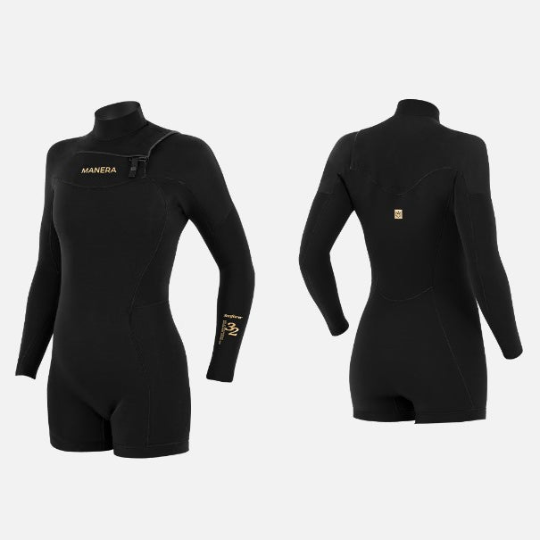 Manera Womens Wetsuits SEAFARER Shorty Hybrid 3.2mm Long Sleeve Chest Zip Springsuit
