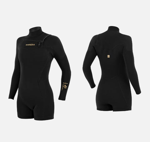 Manera Womens Wetsuits SEAFARER Shorty Hybrid 3.2mm Long Sleeve Chest Zip Springsuit
