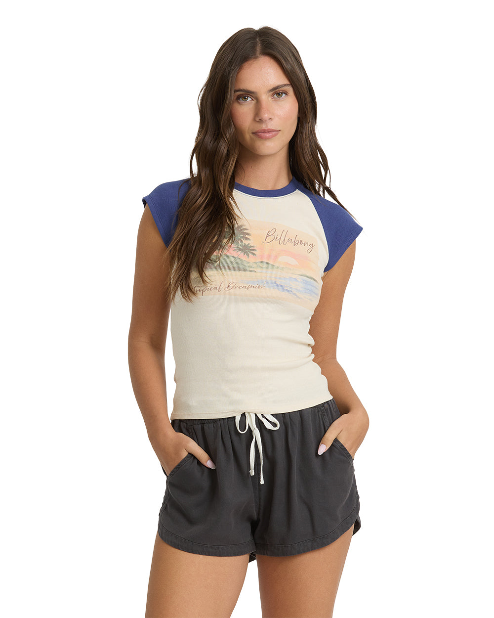 Billabong Womens Shirt Setting Sun Ss Knit Raglan Top