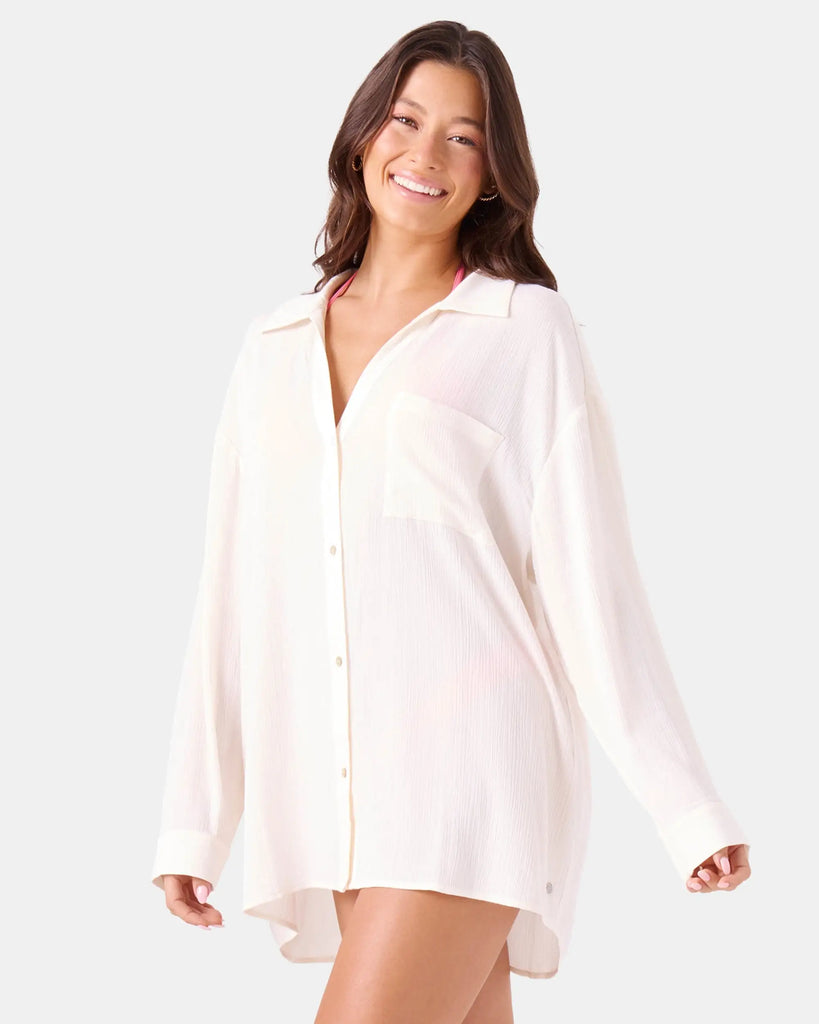 Roxy Womens Shirt Solid Crinkle Long Sleeve Cover Up Camp Shirt