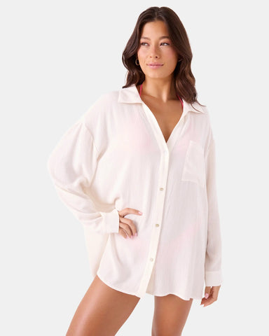 Roxy Womens Shirt Solid Crinkle Long Sleeve Cover Up Camp Shirt