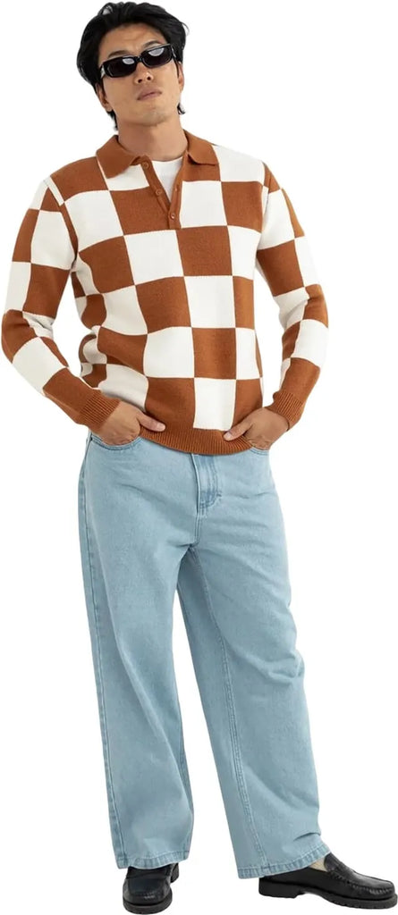 Rhythm Mens Shirt Rhumba Check Knit Long Sleeve Polo