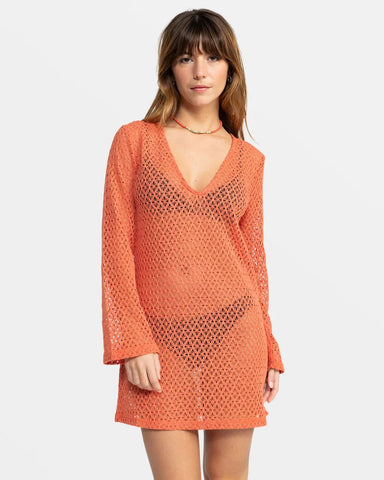 Roxy Womens Dress Love Coastline Long Sleeve Crochet Beach Dress