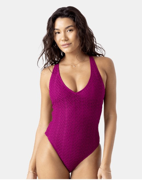 Roxy Womens Swimsuit Crochet Plunge One Piece