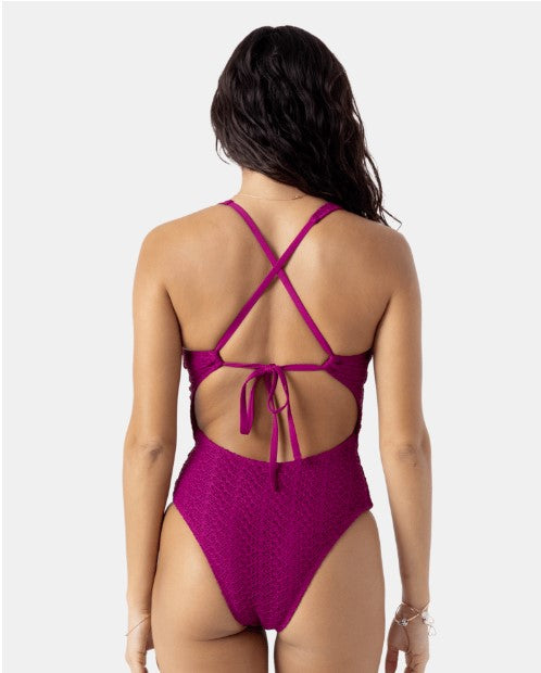Roxy Womens Swimsuit Crochet Plunge One Piece