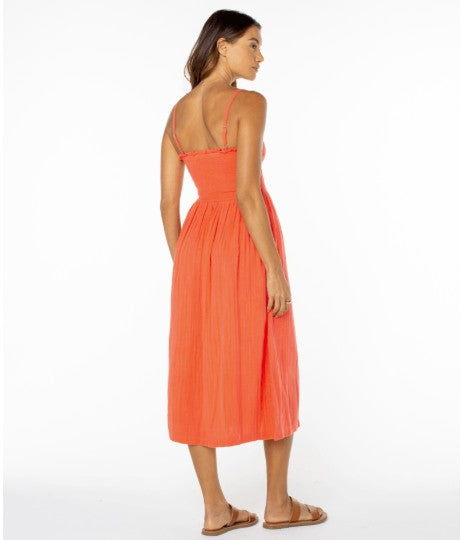 Roxy Womens Downriver Midi Dress, Hot Coral Solid / M Roxy Womens Downriver Midi Dress, Hot Coral Solid / M