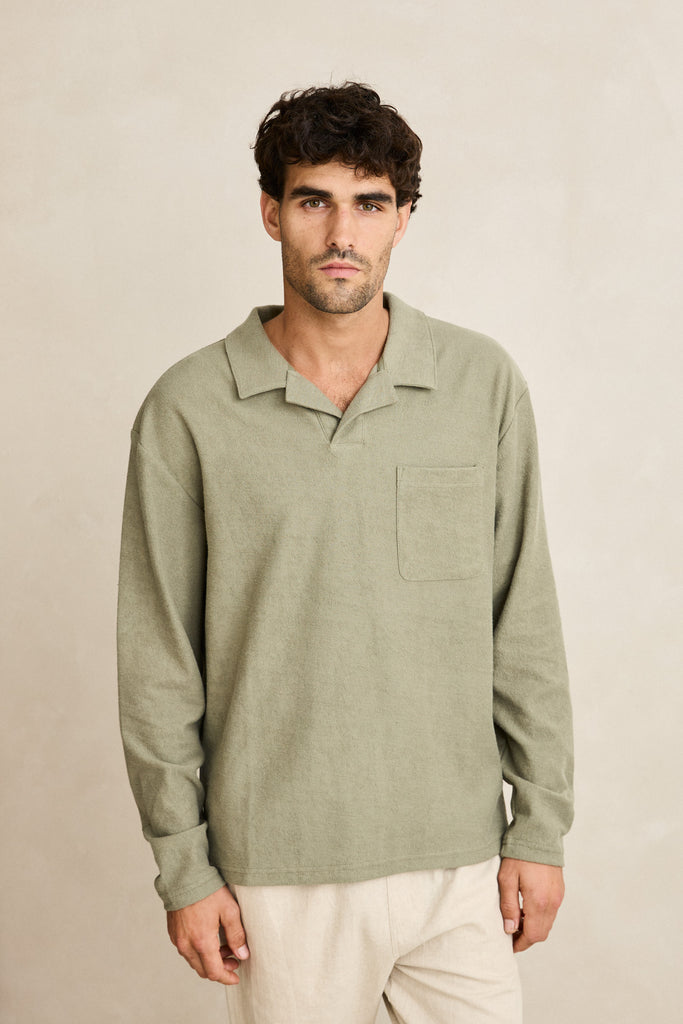 Rhythm Mens Shirt Vintage Terry Long Sleeve Polo