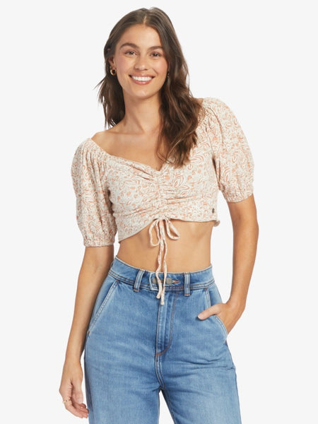 Roxy Womens Shirt Flirty Walk Printed Ruched Crop Top
